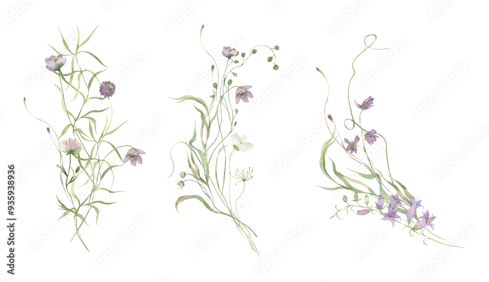 Watercolor Midsummer Field bouquets collection with hand painted delicate leaves, flowers. Romantic floral arrangements perfect for wedding greeting cards, invitation. Watercolor Midsummer Field bouquets collection with hand painted delicate leaves, flowers. Romantic floral arrangements perfect for wedding greeting cards, invitation.