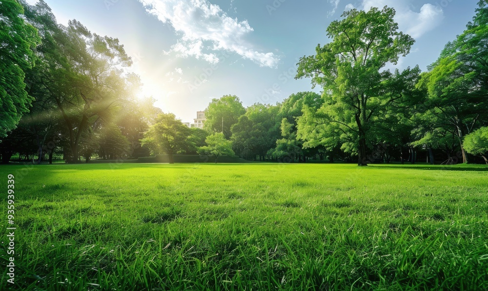 Obraz premium A wide, open green field extends towards the horizon with a bright sun shining in the blue sky, representing peace and natural beauty