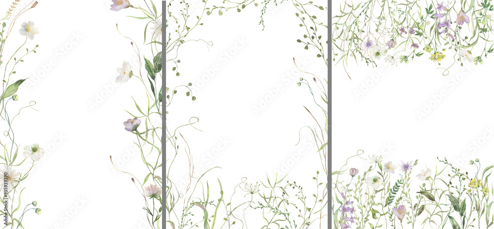 Watercolor Midsummer invitations frames with hand painted delicate leaves, violet flowers. Romantic floral frames perfect for wedding greeting cards, invitation. Watercolor Midsummer invitations frames with hand painted delicate leaves, violet flowers. Romantic floral frames perfect for wedding greeting cards, invitation.
