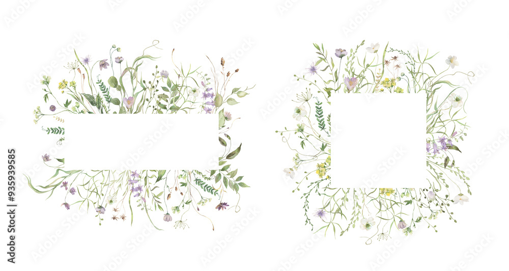 Watercolor Midsummer invitations frames with hand painted delicate leaves, violet flowers. Romantic floral frames perfect for wedding greeting cards, invitation. Watercolor Midsummer invitations frames with hand painted delicate leaves, violet flowers. Romantic floral frames perfect for wedding greeting cards, invitation.
