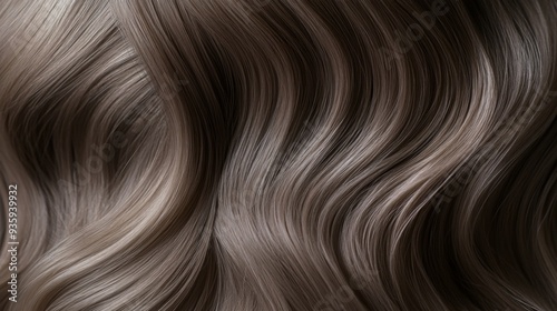 Luxurious brown hair cascades in soft waves, reflecting natural light and showcasing its shiny texture.