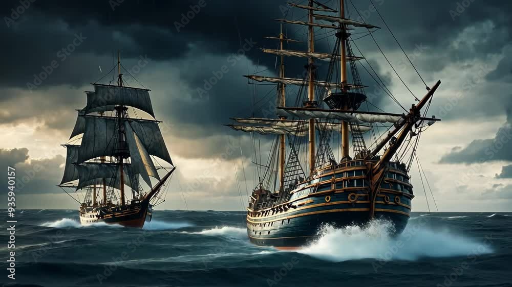 Video footage of two large sailing ships at sea during stormy weather,sky is overcast with dark clouds