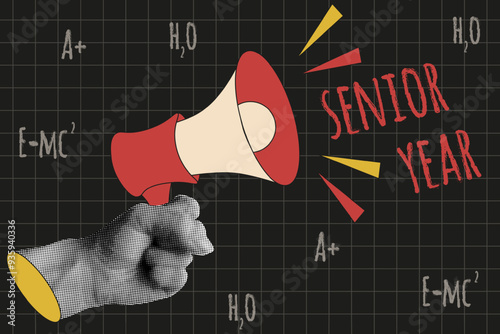 Senior Year horizontal banner template design. Trendy Halftone effect hand collage with flat megaphone. Last first day at school vector illustration. EPS 10