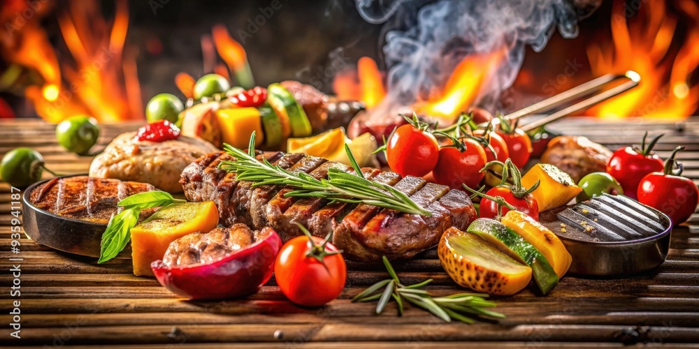 Fresh meat and vegetables grilling on wooden grill, grill, top view, fresh, meat, vegetables, cooking, BBQ, barbecue, outdoor Fresh meat and vegetables grilling on wooden grill, grill, top view, fresh, meat, vegetables, cooking, BBQ, barbecue, outdoor