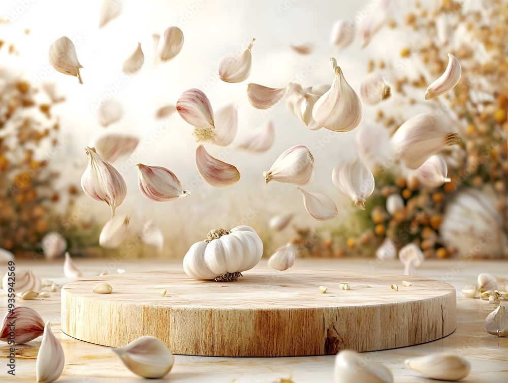 Obraz premium Floating Garlic Cloves on Minimalist Pedestal – Elegant Culinary Composition