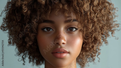 A young woman with voluminous, curly hair gazes directly at the viewer, showcasing her natural beauty in soft, warm light.