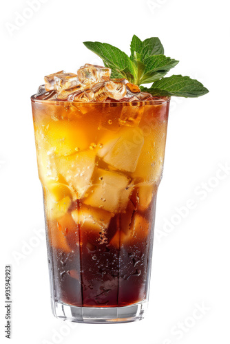 Iced americano mixed orange juice in glass, isolated on transparent background.