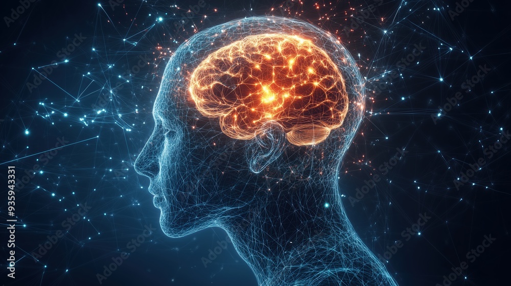 A visually striking digital representation of the human brain, illuminated with neural network patterns, ideal for illustrating concepts related to artificial intelligence, or digital innovation. A visually striking digital representation of the human brain, illuminated with neural network patterns, ideal for illustrating concepts related to artificial intelligence, or digital innovation.