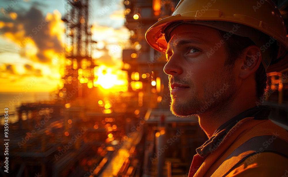 A worker observes a vibrant sunset on an oil rig in the ocean. As the sun sets over the horizon, a worker on the oil rig looks contemplatively towards the stunning colors of the sky. A worker observes a vibrant sunset on an oil rig in the ocean. As the sun sets over the horizon, a worker on the oil rig looks contemplatively towards the stunning colors of the sky.