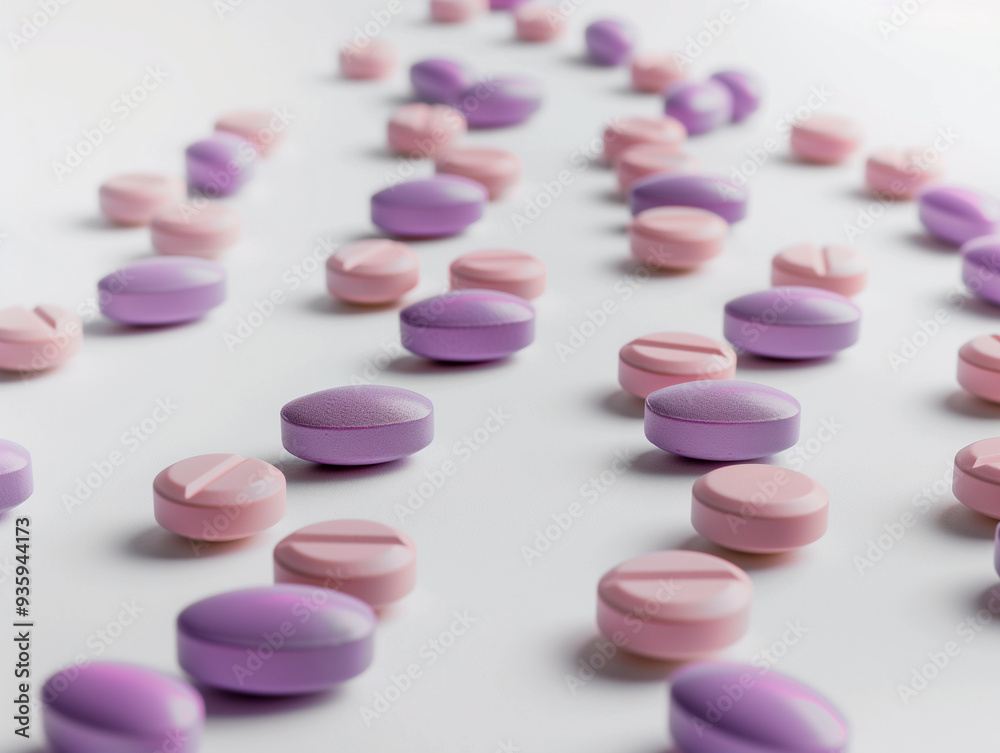 Arranged Light Purple and Pink Pills on a White Surface