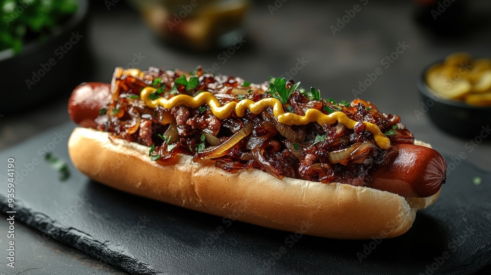 Gourmet hot dog lying on slate with caramelized onions and mustard Gourmet hot dog lying on slate with caramelized onions and mustard