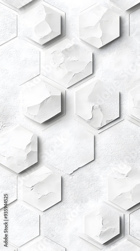 3D White Hexagons on White Background, Abstract Image, Texture, Pattern, Wallpaper, Cover and Screen of Smartphone, Cell Phone, Computer, Laptop, 9:16 and 16:9 Format