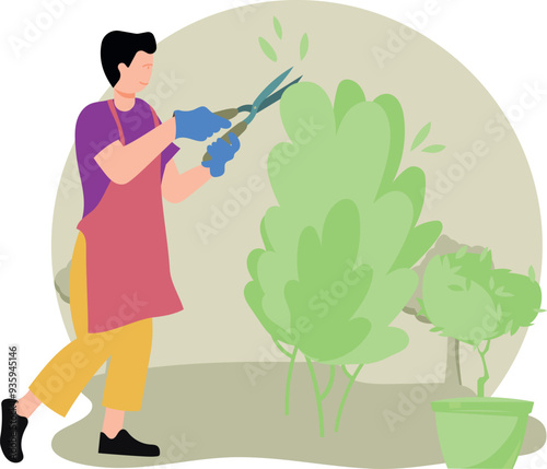 The boy is trimming the plants.