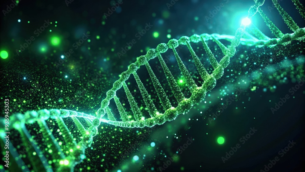 Abstract green DNA strand with glowing particles on a dark background, DNA, abstract, green, genetics Abstract green DNA strand with glowing particles on a dark background, DNA, abstract, green, genetics