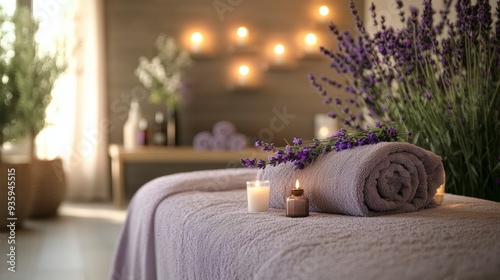 Preparing a relaxing lavender spa massage table with candles