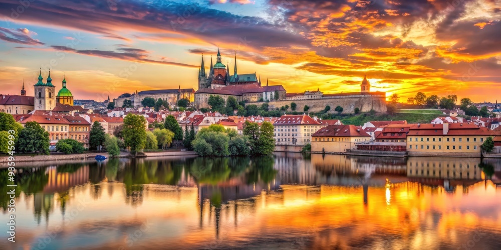 Fototapeta premium Sunset over Prague Castle with vibrant skies reflecting on Vltava River, Prague, Czech Republic, architecture, cityscape