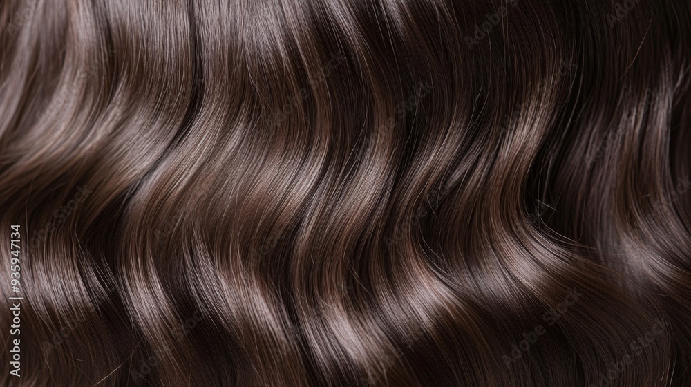 Fototapeta premium Soft and shiny dark wavy hair displays beautiful texture under natural lighting, highlighting each curve.