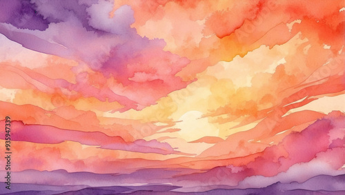 Abstract watercolor background with sunset sky in orange and purple photo