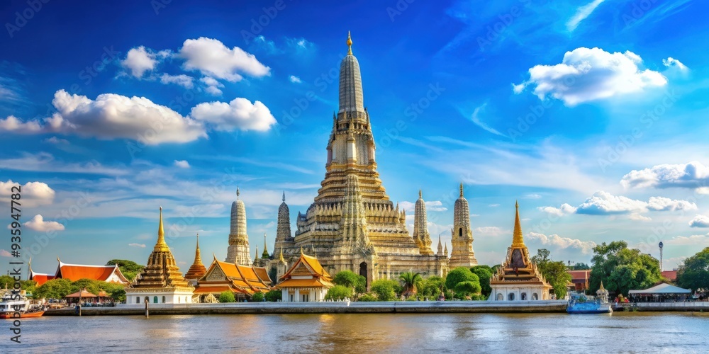 Obraz premium Thai temple Wat Arun in Bangkok against blue sky, Thailand, Bangkok, Wat Arun, temple, Thai, architecture, landmark
