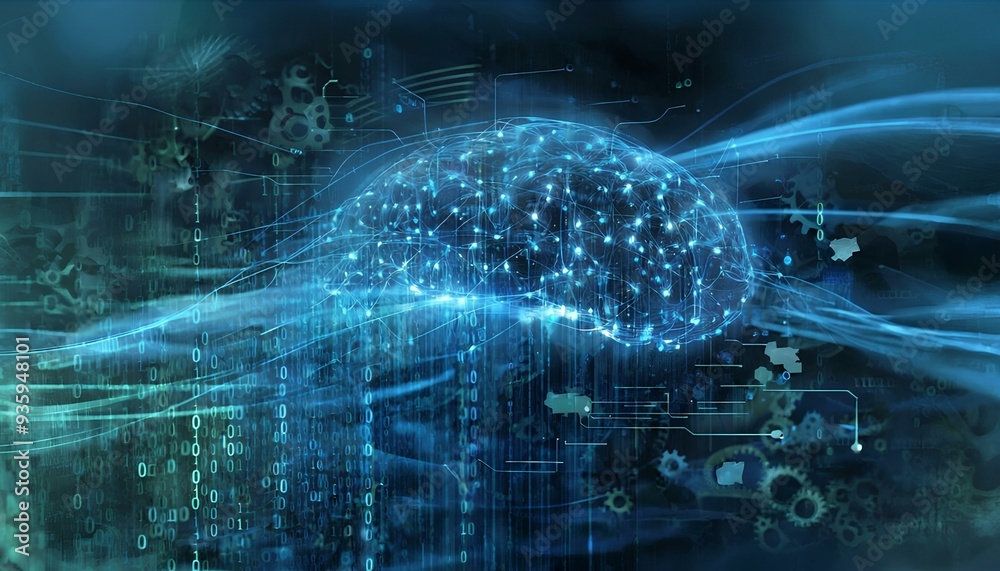 Machine learning, a central neural network structure with intricate connections, resembling a brain, surrounded by flowing lines of binary code and abstract data points Machine learning, a central neural network structure with intricate connections, resembling a brain, surrounded by flowing lines of binary code and abstract data points