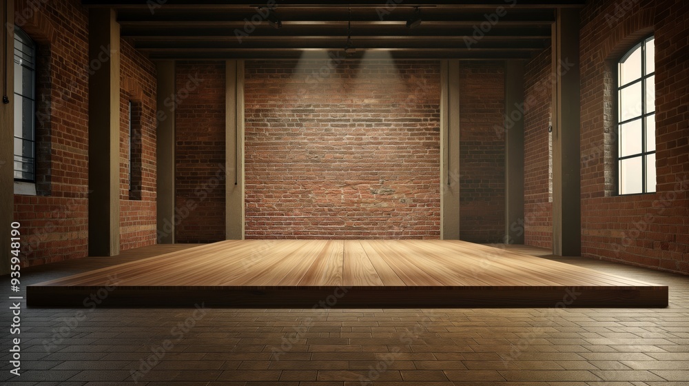 Fototapeta premium An empty podium with wooden floors and brick walls, creating a loft atmosphere, ready for presentation