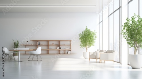 A spacious, modern interior filled with natural light features minimalist furniture, potted plants, and a warm, inviting atmosphere, perfect for relaxation or work