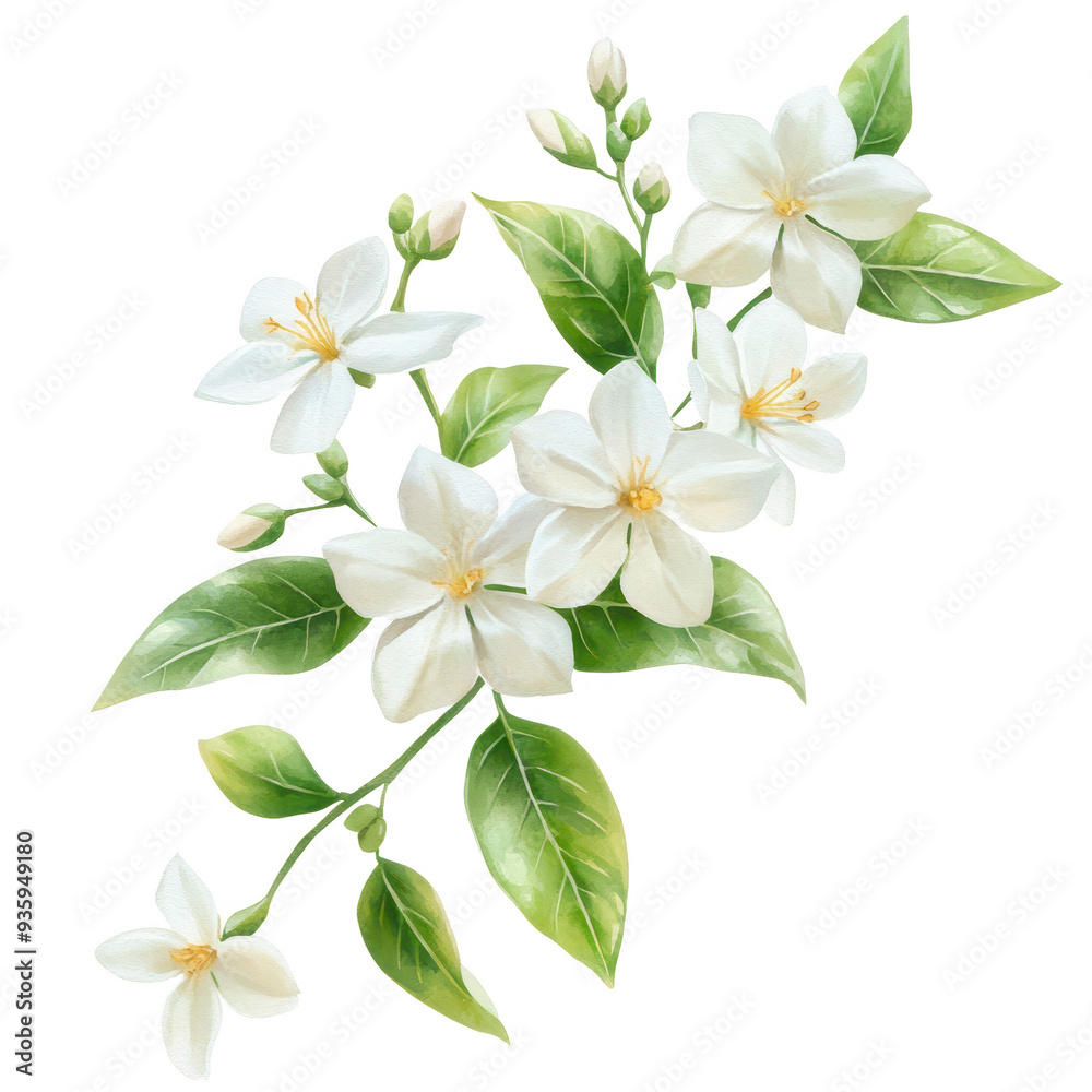 Obraz premium Elegant white flowers with lush green leaves, perfect for spring themes or botanical illustrations.