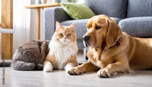 Pets friendship dog and cat sitting together in companionship at home environment