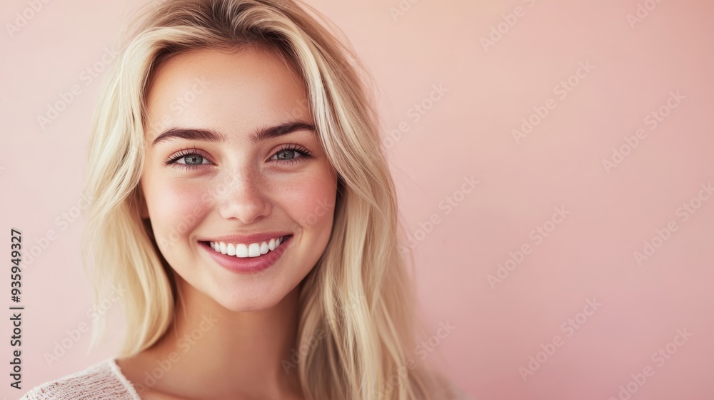 Young woman with long hair smiles against a soft pink background in a bright indoor setting Young woman with long hair smiles against a soft pink background in a bright indoor setting