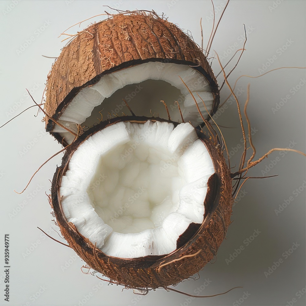 Half coconut shells revealing their interior, separated by a white membrane,