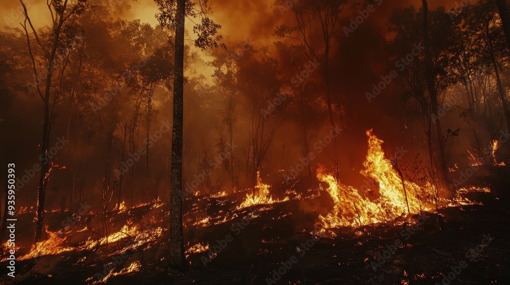 Dramatic scene of rainforest engulfed in a wildfire, with flames consuming trees and smoke filling the sky in a vivid display of nature's fury and environmental crisis Dramatic scene of rainforest engulfed in a wildfire, with flames consuming trees and smoke filling the sky in a vivid display of nature's fury and environmental crisis