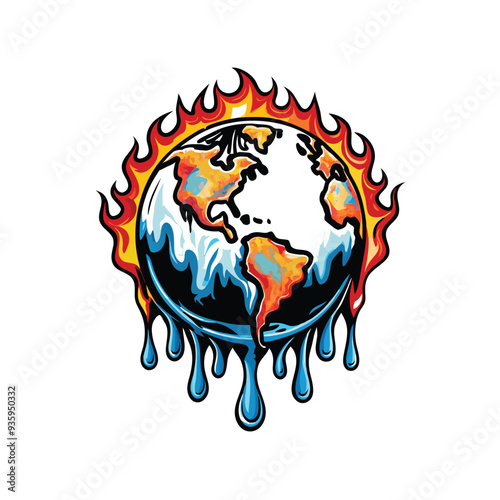 A vector illustration of the Earth engulfed in flames, with blue water dripping from the bottom, representing global warming.