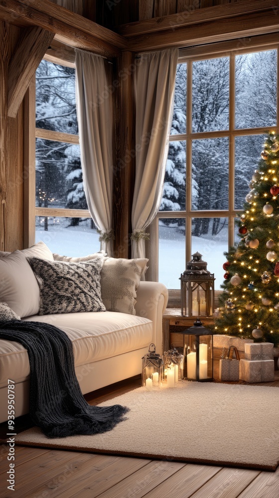 This inviting winter living room features a spacious sofa and wooden floor, offering a stunning view of snow-covered trees, ideal for creating a warm and cozy atmosphere This inviting winter living room features a spacious sofa and wooden floor, offering a stunning view of snow-covered trees, ideal for creating a warm and cozy atmosphere