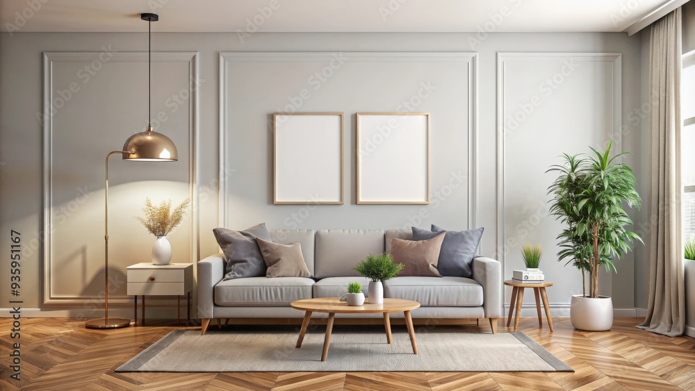 Fototapeta premium Empty living room wall mock-up with space for artwork or decor, interior design, home decor, minimalist, blank wall