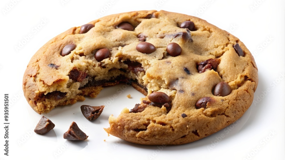 Close up of chocolate chip cookie being devoured, food, dessert, snack, delicious, indulgence, tasty, sweet, treat, bite, eaten Close up of chocolate chip cookie being devoured, food, dessert, snack, delicious, indulgence, tasty, sweet, treat, bite, eaten