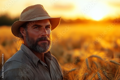 Farmer stands in golden wheat field at sunset, enjoying the tranquil rural landscape