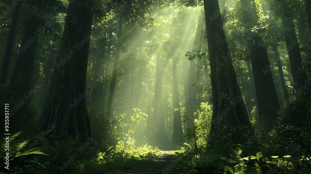 Sunbeams Through a Misty Forest