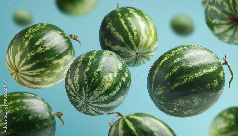 flying watermellons on pastel blue background