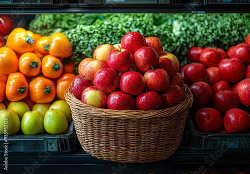 Fresh apples in a woven basket among vibrant fruits in market display. A basket filled with red and green apples is prominently displayed among colorful fruits photo