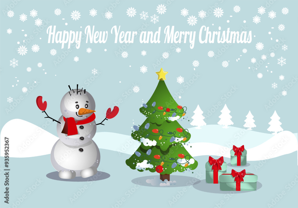 christmas card with snowman,Banner Happy new year and Merry Chrisnmas , card with green tree, , presents, snowflake christmas card with snowman,Banner Happy new year and Merry Chrisnmas , card with green tree, , presents, snowflake