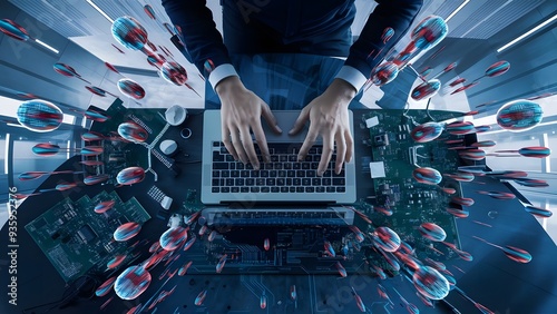 A top-down view of a software engineer hands on a laptop, circuit board components and AI data visualizations floating in the air a high tech and dynamic workspace