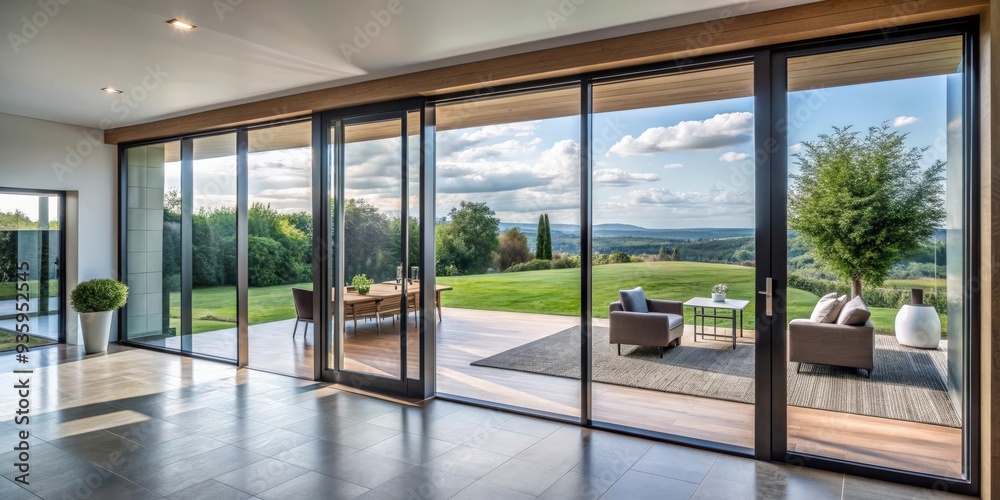 Fototapeta premium Modern sliding doors with panoramic glass windows in a modern country private house, interior design, architecture