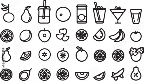 A simple vector icon set featuring a fruit and vegetable, hydration, protein intake, and healthy fats