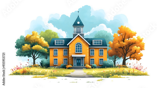 Teacher Day themed school building and campus elements in a fun animated vector style. photo