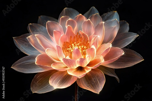 transparent glowing pink and golden dahlia on black background 