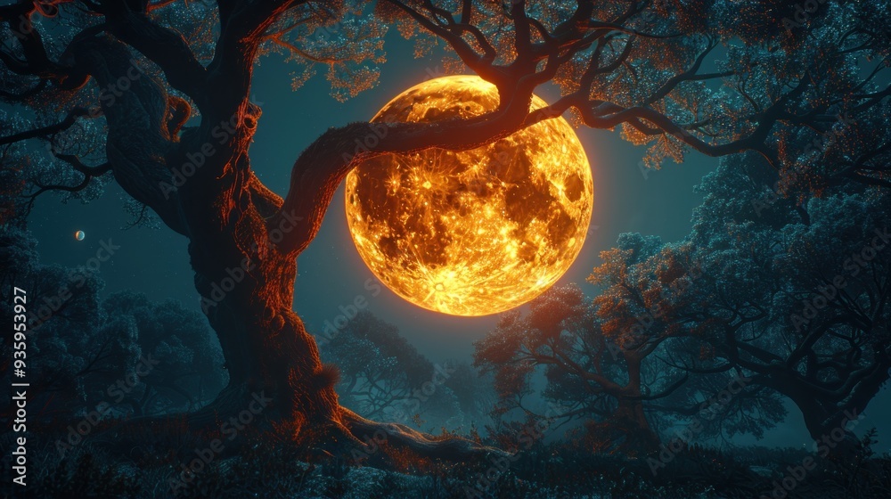 Full moon shining through the branches of an old, gnarled tree Full moon shining through the branches of an old, gnarled tree