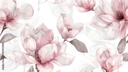 Seamless pattern with watercolor pink magnolia flowers and leaves on a white background, a hand drawn illustration in a pastel color palette with soft colors and a soft light.