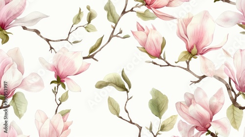Seamless pattern with watercolor pink magnolia flowers and leaves on a white background, a hand drawn illustration in a pastel color palette with soft colors and a soft light.