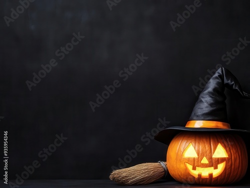 A glowing Halloween pumpkin with a witch's hat, set against a dark background, perfect for spooky seasonal decor. photo