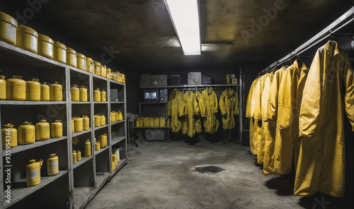 A storage room is filled with rows of shelves holding yellow canisters and a rack of yellow suits hangs on the wall